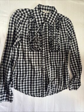 soeur Black and White Gingham Ruffle-Front Button-Down Shirt